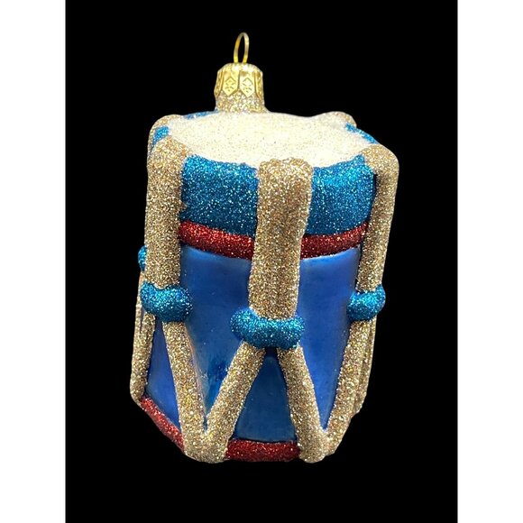 Vtg. Mattarusky Glitter Drum Christmas Ornament Blown Glass Blue Red Signed - Picture 1 of 8